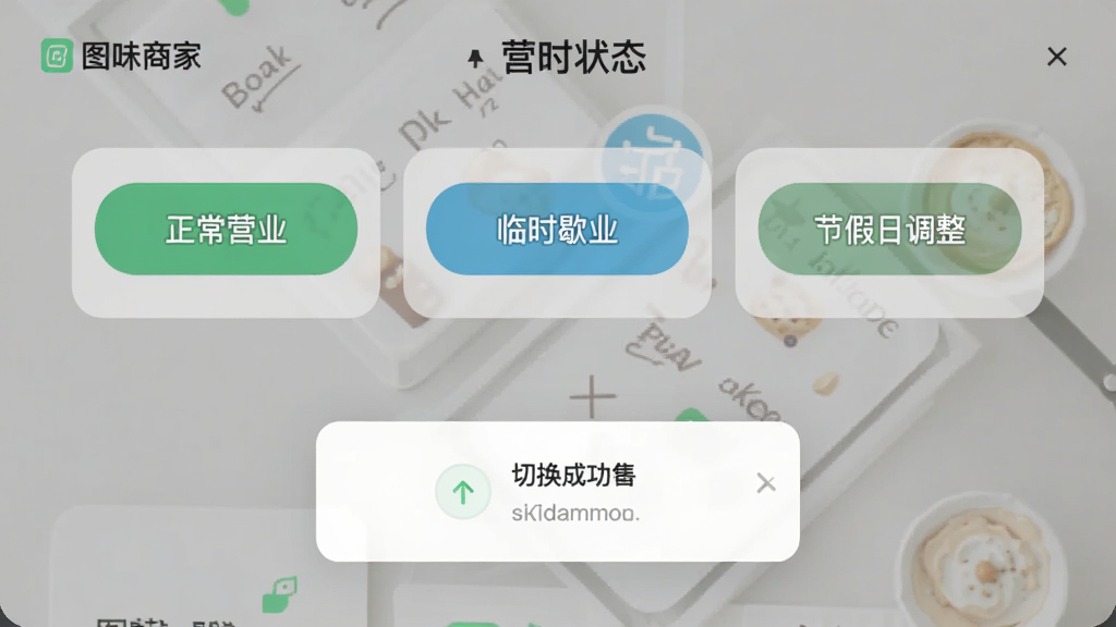 图味商家营业状态切换界面,画面展示三个状态按钮分别为正常营业、临时歇业、节假日调整,按钮下方有切换成功提示弹窗,整体布局居中,风格为清新浅色卡片式设计,带有“图味商家”标识,高清画质,干净,无多余元素