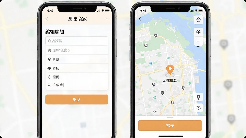图味商家手机端操作界面截图,画面展示门店信息编辑页面与地图定位拖动界面并排布局,整体风格为清爽浅色,带有“图味商家”文字标识,细节包括输入框、定位图标、提交按钮,高清画质,干净,无多余元素