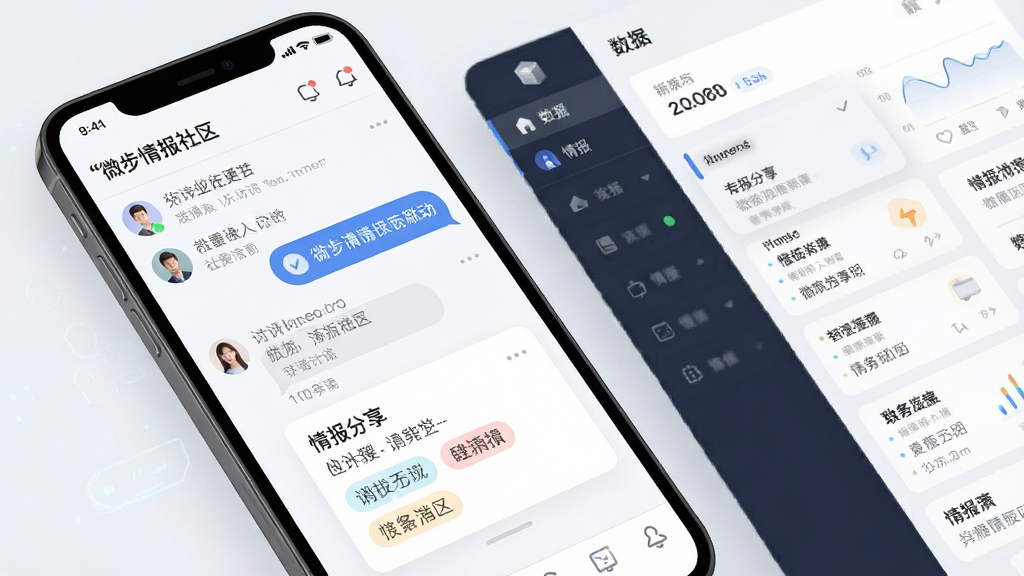 一张展示微步情报社区联动功能的AI生成图片,主体为手机屏幕显示社区讨论列表和情报分享卡片,布局为手机斜放视角,排版为左侧手机右侧数据面板的组合式构图,风格为清爽浅色UI设计,细节包括用户头像、评论气泡和情报标签,画质高清,干净,无多余元素