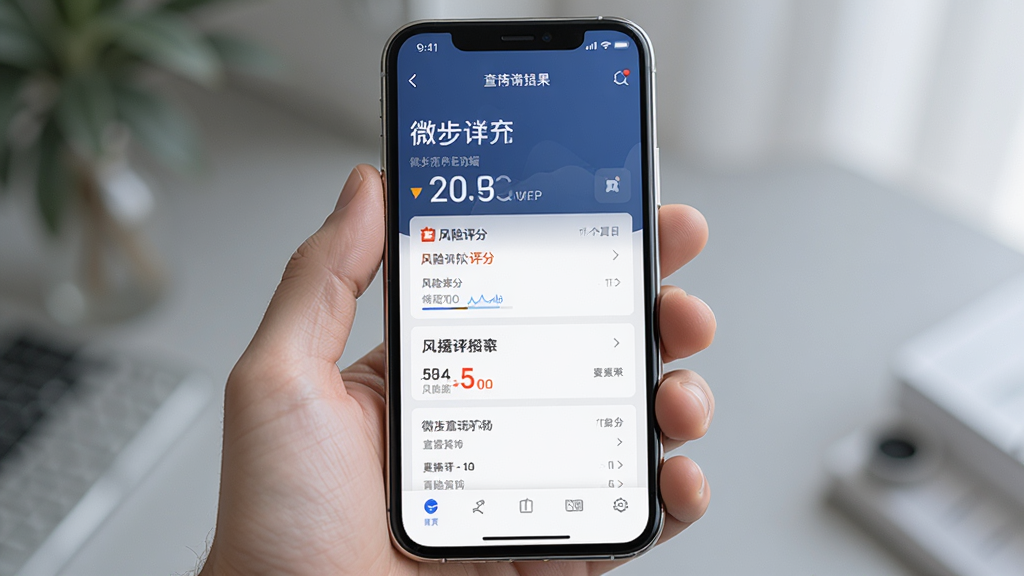 一张展示微步情报移动端便捷操作的AI生成图片,主体为一只手握住手机,屏幕上显示查询结果页面,布局为手持特写居中,排版为竖版构图,风格为真实场景摄影感与UI叠加结合,细节包括手机边缘的光泽和屏幕上的风险评分数字,画质高清,干净,无多余元素