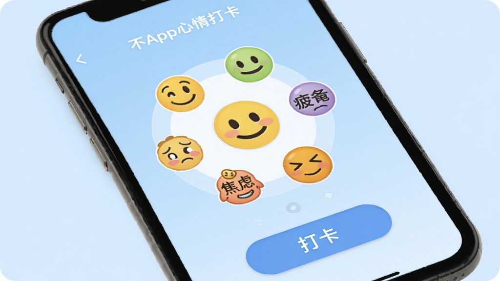 ����App����򿨽��棬�ֻ���Ļ��ʾԲ�α���ѡ���̣���Χ���ƿ��ġ�ƽ����ƣ�������ǵȱ���ͼ�꣬�ײ��д򿨰�ť������Ϊ����ɫ���䣬��������Ѻã���ƽ����ƣ����廭�ʣ��޶���Ԫ��