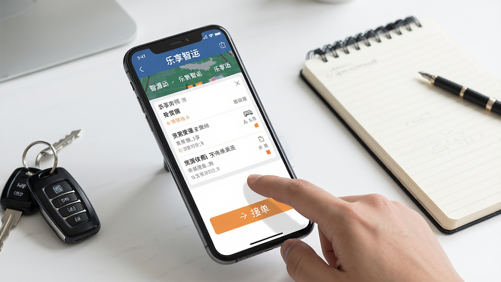 一张展示乐享智运新手操作指南的图片,画面主体为一部手机和一只手正在点击屏幕上的接单按钮,手机屏幕显示乐享智运的货源详情页面,背景为简洁的办公桌面,风格为写实教学风,细节包括桌面上的车钥匙和记事本,画质清晰,干净,无多余元素