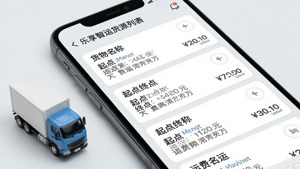 一张展示乐享智运货源列表界面的图片,画面主体为手机屏幕特写,屏幕上显示多条货源信息卡片,每条卡片包含货物名称、起点终点、运费金额,背景为简洁的浅灰色,风格为扁平化UI设计,细节包括手机旁边放置一个小型货车模型,画质清晰,干净,无多余元素