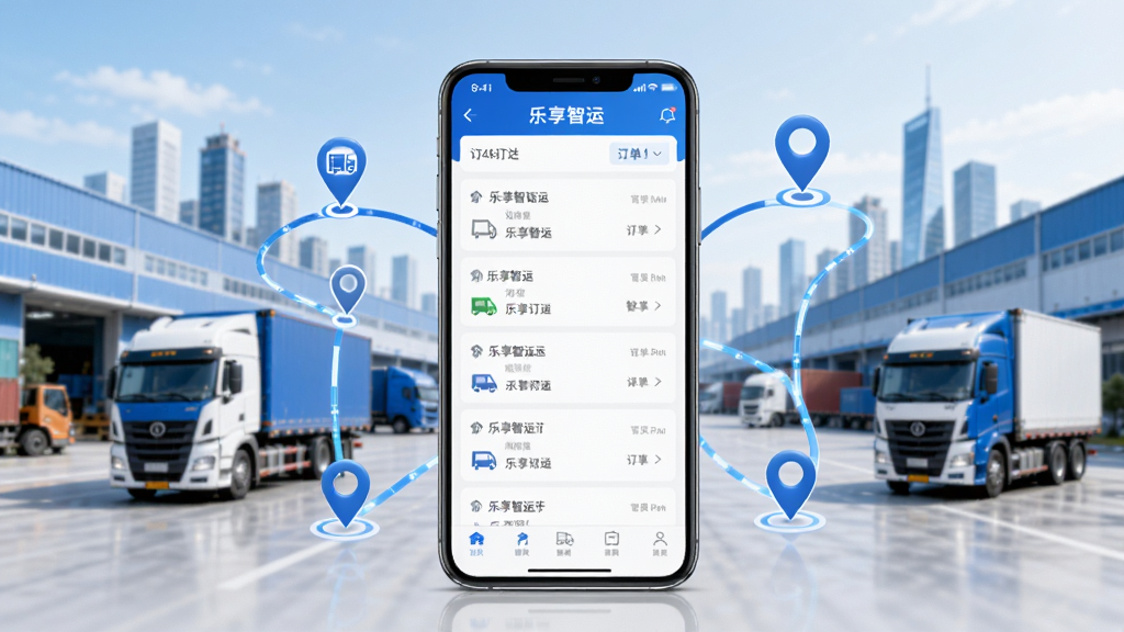 一张展示乐享智运软件核心功能的宣传图,画面中央是一部智能手机,手机屏幕上显示乐享智运的订单列表界面,背景是城市物流园区和行驶中的货车,整体风格为现代商务科技风,色调以蓝色和白色为主,细节包括手机周围的货运路线图标和定位标记,画质清晰,干净,无多余元素