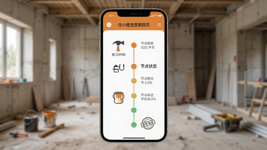 住小橙进度跟踪页面,手机屏幕展示施工时间轴和节点状态图标,背景为装修工地实景虚化,主体为手机与时间轴图形,布局为纵向延伸,风格为商务简约,细节包含锤子、油漆桶、验收章等小图标,画质清晰,画面整洁,无多余元素