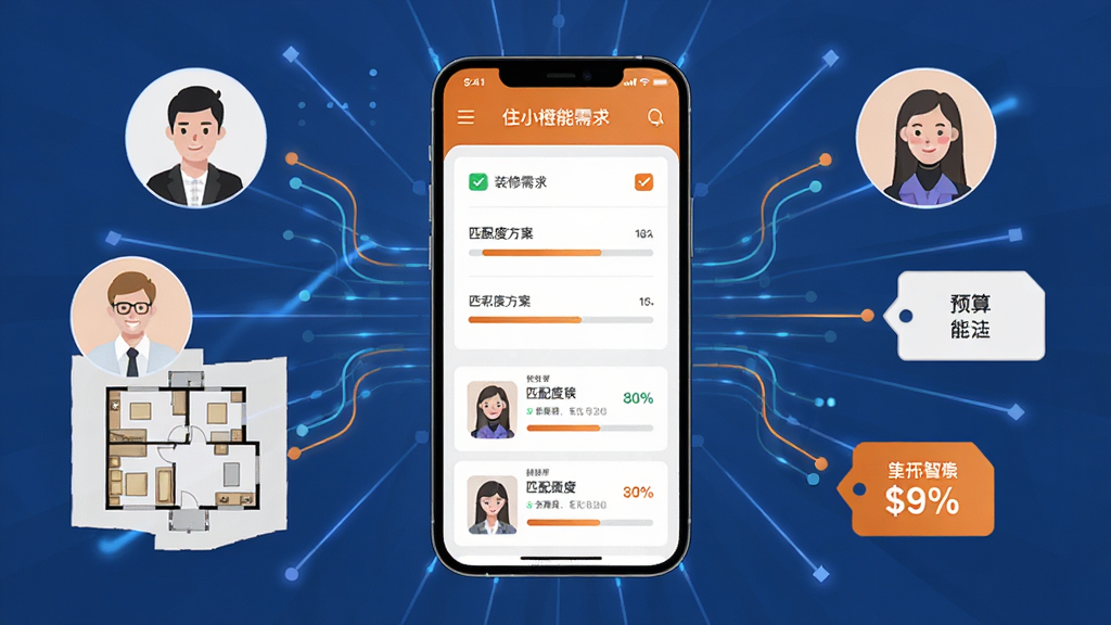住小橙智能匹配功能界面,画面中央为手机屏幕显示装修需求表单和推荐方案列表,周围环绕设计师头像、房屋户型图、预算标签等元素,主体为手机与数据流线条,布局采用放射状排列,风格为扁平化科技风,细节包含勾选图标、进度条、匹配度百分比,画质高清,画面干净,无多余元素