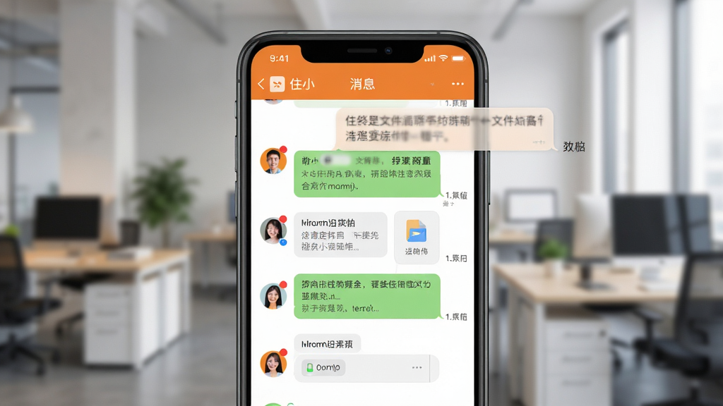 住小橙消息协作界面,手机屏幕显示群聊对话和文件传输卡片,背景为办公室场景虚化,主体为手机与聊天气泡,布局为上下结构,风格为现代办公风,细节包含头像、未读红点、文件图标,画质清晰,画面整洁,无多余元素
