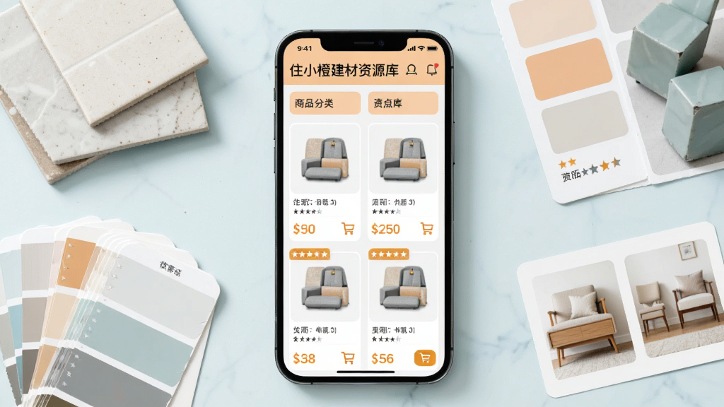 住小橙建材资源库界面,手机屏幕显示商品分类网格和产品卡片,周围散落瓷砖样本、色卡、家具小图,主体为手机与商品陈列,布局为网格状,风格为清新浅色,细节包含价格标签、星级评分、购物车图标,画质高清,画面干净,无多余元素