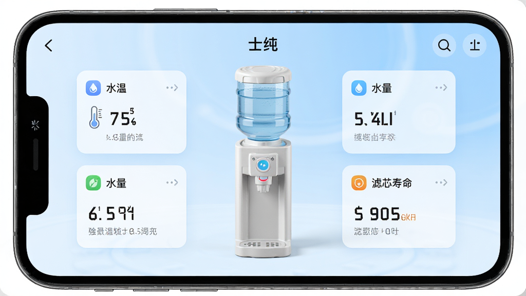 手机屏幕显示“士纯”设备管理界面,中央是饮水机3D模型,周围分布水温、水量、滤芯寿命数据卡片,背景为淡蓝色渐变,界面排版整洁,风格现代科技感,细节精致,画质清晰干净,无多余元素