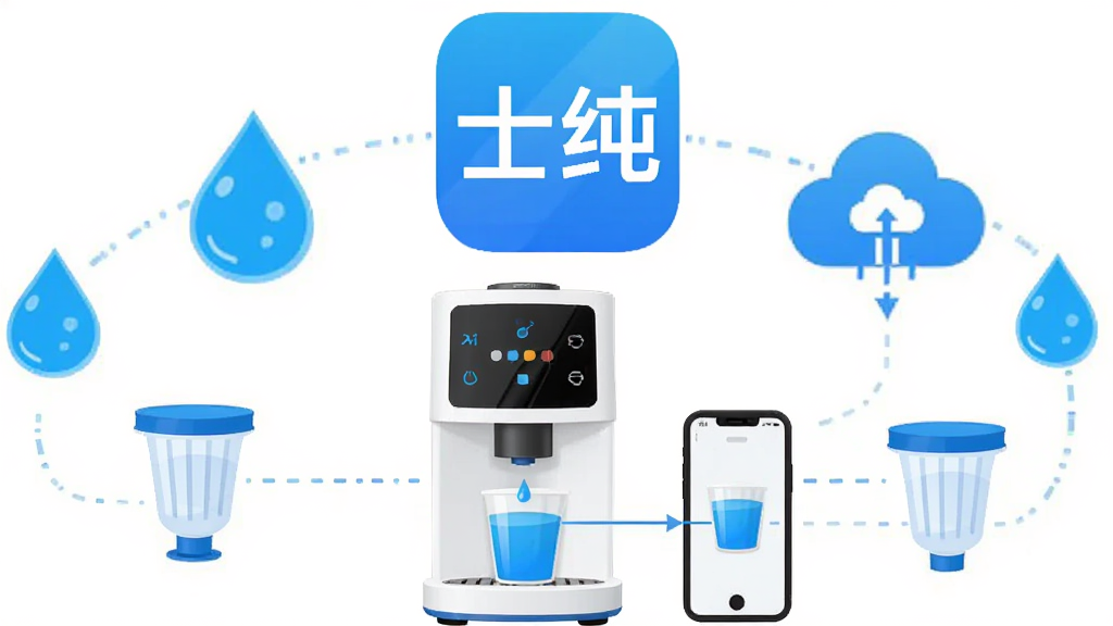 画面上方居中放置“士纯”应用图标,下方是智能饮水机与手机连接示意,周围环绕水滴、滤芯、云端图标,整体采用蓝白清爽色调,扁平化设计风格,布局简洁对称,细节清晰,画质干净高清,无多余元素