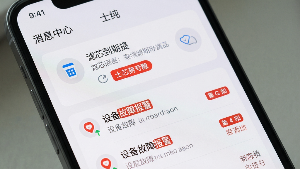 手机屏幕显示“士纯”消息中心页面,顶部是滤芯到期提醒卡片,下方是设备故障报警列表,界面采用浅色背景与红色提醒标签,布局清晰,风格简洁,细节干净,画质高清,无多余元素