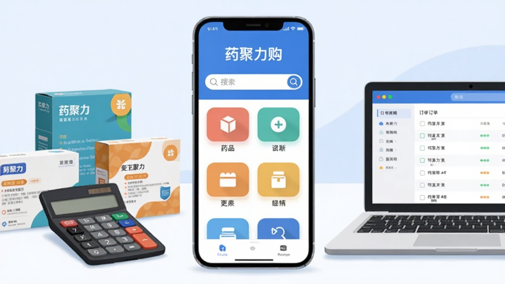 画面中央是一部智能手机,屏幕上显示药聚力的采购首页界面,包含药品分类图标与搜索栏。左侧放置几盒药品包装盒与一个计算器,右侧是一台打开的笔记本电脑,屏幕显示订单列表。背景为简洁的浅蓝色渐变,整体采用扁平化商务插画风格,细节干净利落,画质清晰,无多余元素。