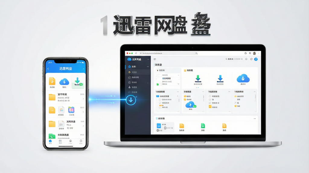 一张展示迅雷网盘核心功能的综合场景图,画面中央放置一部智能手机和一台笔记本电脑,手机屏幕显示迅雷网盘APP的文件列表界面,电脑屏幕显示迅雷网盘网页版传输管理页面,两者之间用蓝色光线连接表示数据同步,背景为干净的浅灰色渐变,画面中醒目位置展示文字