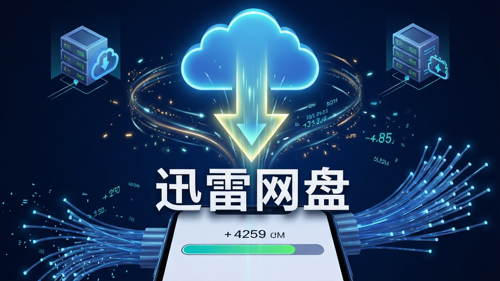 一张体现迅雷网盘极速下载能力的场景图,画面主体为一个发光的下载箭头从云端指向手机屏幕,箭头周围环绕速度线条与数据粒子,手机屏幕显示下载进度条接近完成,画面中央醒目展示文字