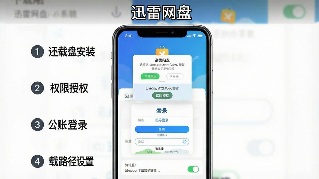 一张展示迅雷网盘新手安装设置流程的示意图,画面为手机屏幕截图风格,从上到下依次展示下载安装、权限授权、账号登录、下载路径设置四个步骤界面,每个步骤标注序号和简短文字说明,画面顶部展示文字