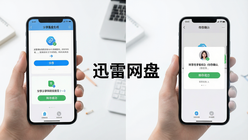 一张展示迅雷网盘资源分享与链接转存功能的场景图,画面中一只手拿着手机,手机屏幕显示分享链接生成界面和转存成功提示,另一侧显示接收方手机屏幕上的转存确认页面,画面中央展示文字
