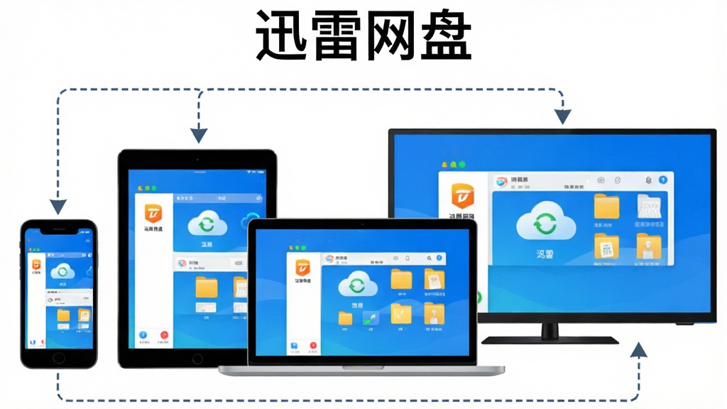 一张展示迅雷网盘多端同步功能的场景图,画面中并排摆放手机、平板、笔记本电脑和电视四种设备,每个设备屏幕都显示迅雷网盘的界面,设备之间用虚线箭头形成闭环连接表示同步,画面顶部展示文字
