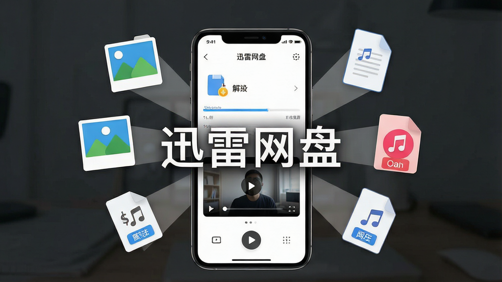 一张展示迅雷网盘在线预览与解压功能的场景图,画面中央为一部手机,屏幕显示压缩包解压界面和视频播放预览窗口,周围漂浮着图片、文档、音乐等文件类型图标,画面醒目位置展示文字