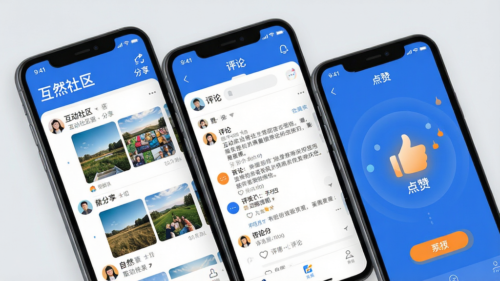 主体为多个手机屏幕拼接展示i自然APP的社区界面,布局为三台手机错落排列,屏幕分别显示帖子列表、评论详情和点赞动画;排版活泼,背景为浅灰色;风格为社交应用展示风,色调以蓝色和橙色点缀;细节包括屏幕上有“互动社区”“分享”等文字,头像和图片清晰;画质高清,干净无多余元素。