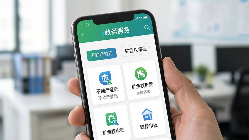 主体为一只手拿着手机,手机屏幕显示i自然APP的政务服务页面,布局为近景特写,背景为模糊的办公室环境;排版突出手机屏幕内容;风格为写实摄影加UI合成,色调明亮;细节包括屏幕上有“不动产登记”“矿业权审批”等文字标签,图标清晰;画质高清,干净无杂物。