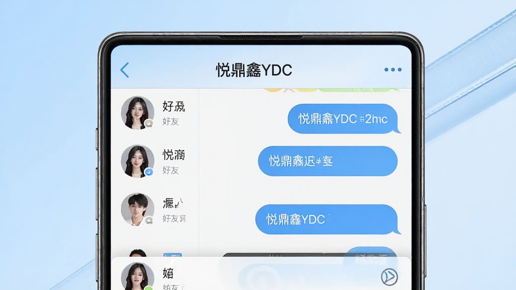 手机屏幕中央展示聊天界面,左侧为好友列表头像,右侧为对话气泡,界面顶部显示