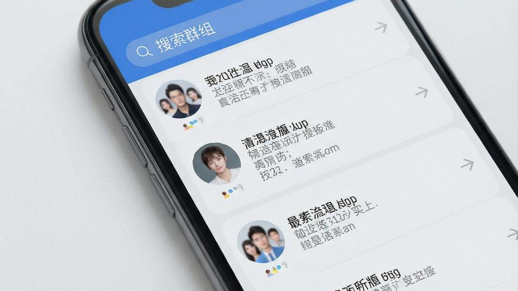 手机屏幕展示群聊列表界面,多个群组头像整齐排列,每个群组下方显示最新消息摘要,顶部搜索栏 placeholder 显示