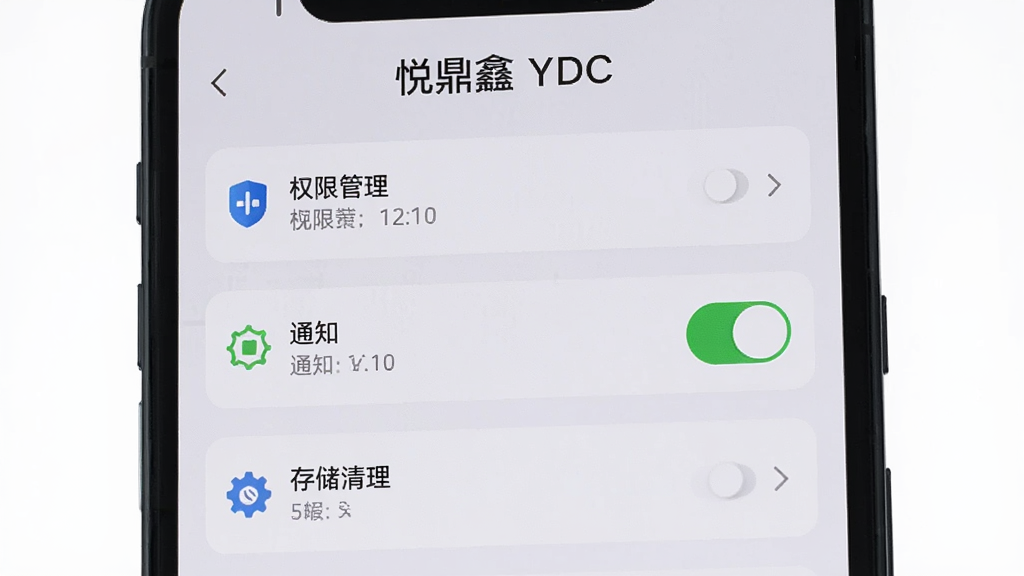 手机屏幕展示设置页面,包含权限管理、通知开关、存储清理等选项,界面顶部显示