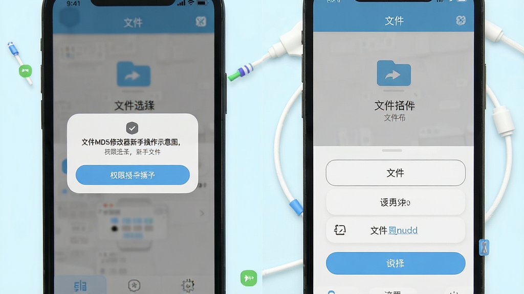 文件MD5修改器新手操作示意图,手机屏幕显示权限授予弹窗和文件选择界面,画面简洁明了,风格清新浅色,布局合理,细节清晰,画质高清,干净无多余元素