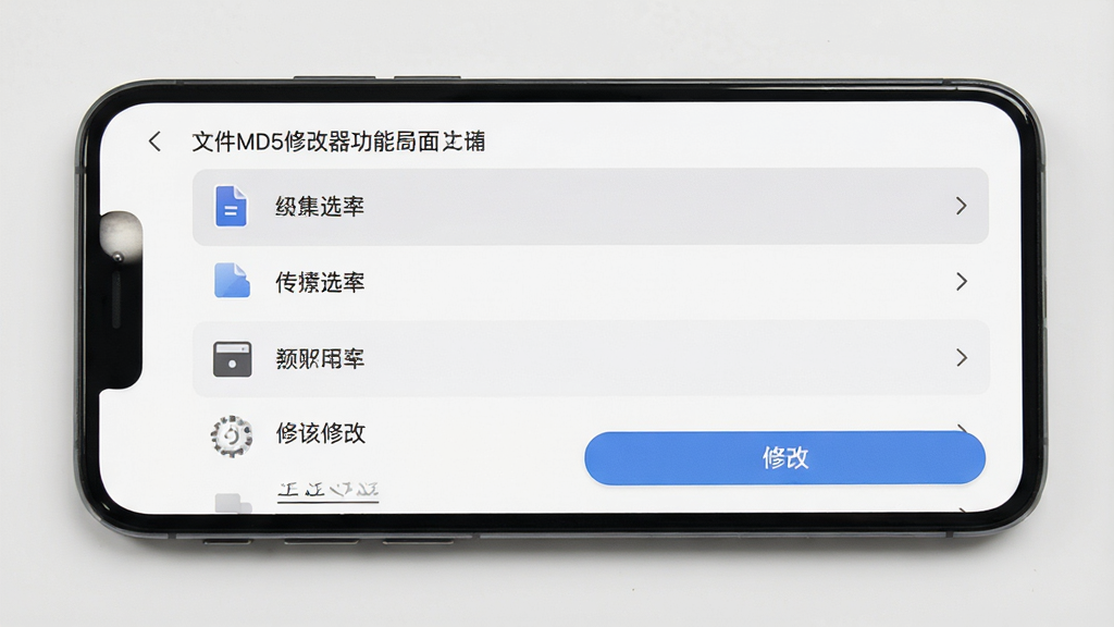 文件MD5修改器功能界面,手机屏幕显示文件选择列表和修改按钮,界面布局清晰,背景为白色与淡灰色搭配,风格简约商务,细节丰富,画质高清,干净无多余元素
