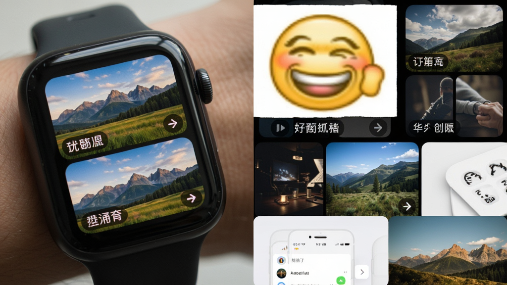 一张展示腕上图库在智能手表上显示不同格式图片的拼图界面,手表屏幕中同时展示风景照、表情包、截图等多种类型图片,主体为手表屏幕特写,布局为多图拼接,风格真实界面展示,细节包括图片类型标签,画质高清,干净,无多余元素