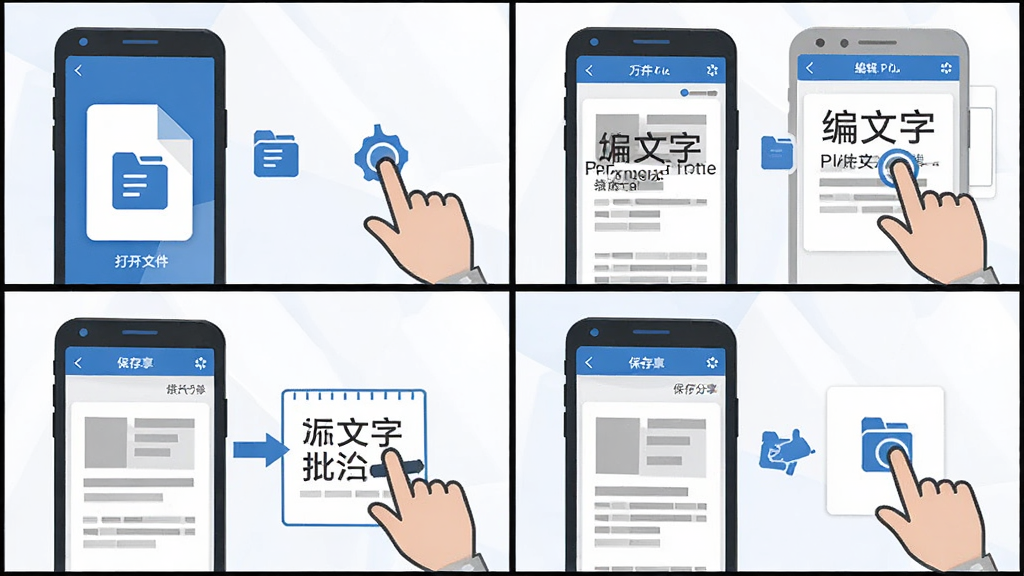 ����PDF�ƶ��˲�������ʾ��ͼ������Ϊ�ĸ�����ʽ���֣��ֱ�չʾ���ļ����༭���֡�������ע����������ĸ����裬ÿ�����ֻ�����ͼ�����ͼ�꣬���Ϊ��ƽ����Ϣͼ��ϸ������ɫͳһΪ���׻ң����ʸ��壬�ɾ����޶���Ԫ��