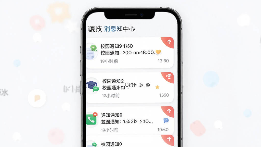 主体为“i厦技”应用的消息通知中心界面,展示多条校园通知卡片;布局为手机屏幕正面展示,通知按时间排列;排版采用列表式设计,重要通知有红色角标;风格为清爽阅读风格,字体易读;细节包括卡片圆角、图标点缀、时间戳清晰;画质高清,画面干净,无多余元素。