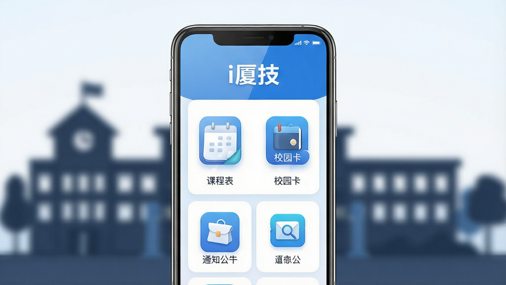 主体为一部智能手机,屏幕中显示“i厦技”应用主界面,界面包含课程表、校园卡、通知公告等模块图标;布局为手机居中,背景为简洁的校园建筑剪影;排版清晰,图标与文字错落有致;风格为现代扁平化科技风,色调以蓝色和白色为主;细节包括屏幕反光、图标立体感、背景虚化处理;画质高清,画面干净,无多余元素。