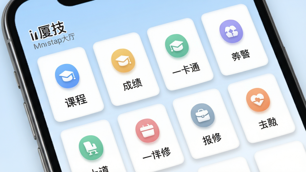 主体为“i厦技”应用界面中的服务大厅页面,展示课程、成绩、一卡通、报修等图标网格;布局为手机屏幕特写,图标排列整齐;排版采用卡片式分区,色彩柔和;风格为清新简约的移动端UI风格;细节包括图标微阴影、文字清晰锐利、背景为淡蓝色渐变;画质高清,画面干净,无多余元素。