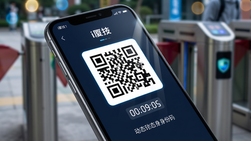 主体为“i厦技”应用中的动态二维码身份码界面,手机屏幕显示二维码与倒计时;布局为手机斜放,背景为校园门禁闸机虚化;排版突出二维码区域,底部有提示文字;风格为科技感与安全感并重;细节包括二维码纹理清晰、屏幕高光、背景光斑;画质高清,画面干净,无多余元素。