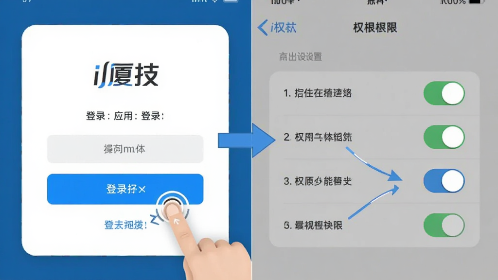 主体为“i厦技”应用登录界面与手机设置权限页面的组合示意;布局为左右分屏,左侧显示登录框,右侧显示权限开关;排版清晰,箭头指示操作步骤;风格为教程图解风格,色彩明快;细节包括手指点击图标、权限开关高亮、文字标注;画质高清,画面干净,无多余元素。