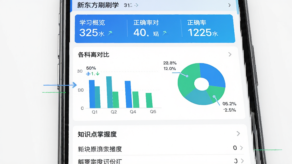 新东方刷刷学学习数据报告页面,主体为手机屏幕展示柱状图和饼图,布局上方为本周学习概览数字,中部为各学科正确率对比图表,下方为知识点掌握度列表,排版清晰直观,风格为教育数据可视化界面,细节包含蓝色与绿色图表配色、数值标注、趋势箭头,画质高清,干净,无多余元素