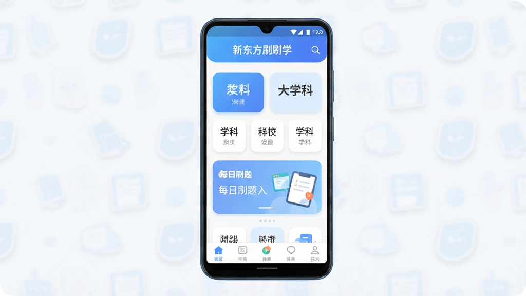 新东方刷刷学软件主界面展示,主体为一部安卓手机正面竖屏展示应用首页,布局上方为蓝色渐变导航栏显示“新东方刷刷学”字样,中部为学科分类卡片和每日刷题入口,下方为底部导航栏,排版简洁清晰,风格为现代教育类应用UI设计,细节包含圆角按钮、柔和阴影、淡蓝色与白色配色,画质高清,干净,无多余元素
