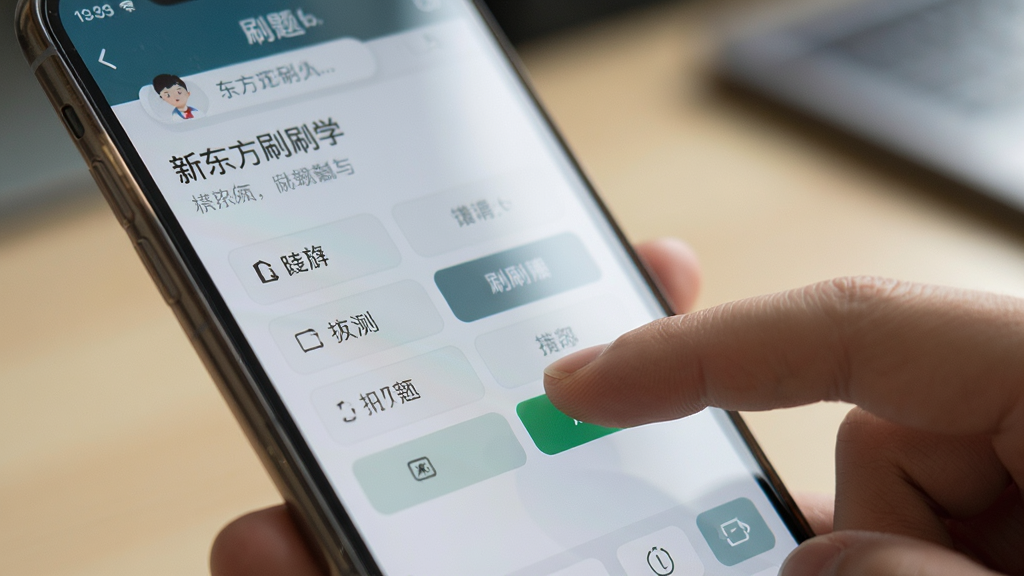 新东方刷刷学手机端操作界面特写,主体为手持手机展示刷题页面,布局为手指点击选项按钮的瞬间,屏幕显示题目和四个选项,排版自然,风格为真实使用场景摄影,细节包含手机边框、手指动作、屏幕反光、背景虚化,画质清晰,干净,无多余元素