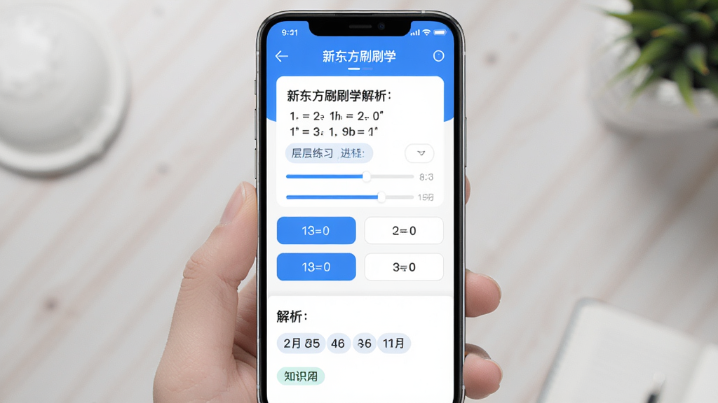 新东方刷刷学智能题库分层练习功能界面,主体为手机屏幕显示数学题目及解析页面,布局上方为题目卡片,中部为选项按钮,下方为解析展开区域,排版整齐有序,风格为清爽学习工具类UI,细节包含蓝色高亮选中项、进度条、知识点标签,画质清晰,干净,无多余元素
