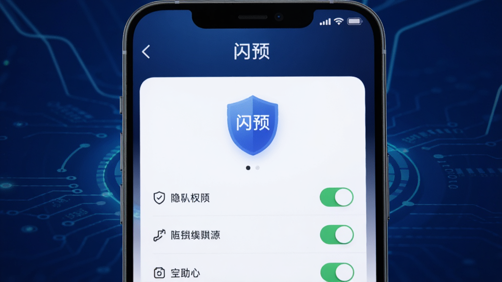 一部手机屏幕显示“闪预”隐私安全设置页面,画面中有盾牌图标和权限开关列表,顶部有“闪预”文字,背景为深蓝色科技感渐变,风格稳重安全,画质清晰,无多余元素
