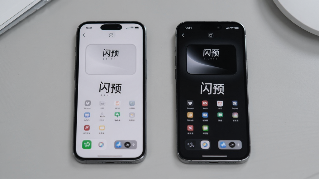 两部手机并排展示“闪预”应用的浅色模式与深色模式界面对比,画面中有“闪预”标识,背景为简洁的灰色桌面,风格现代清新,画质清晰,干净整洁