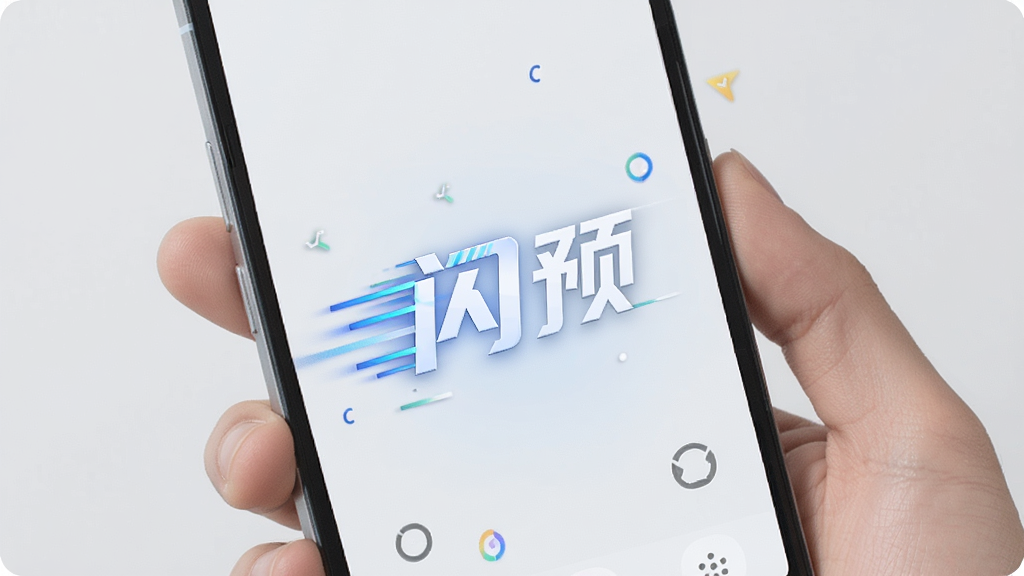 一部安卓手机握在手中,屏幕显示“闪预”应用正在快速启动,画面中有速度线和轻量化的视觉元素,背景为淡灰色,风格简约清爽,突出“闪预”名称,画质清晰,干净无多余装饰