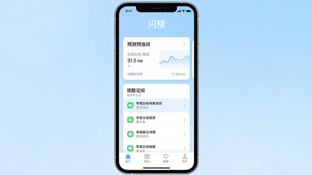 一张展示闪预软件主界面的手机应用截图,画面中央是简洁的卡片式功能布局,顶部有“闪预”文字标识,背景为柔和的浅蓝色渐变,界面中包含预测卡片、提醒列表和底部导航栏,整体风格清新、干净、现代,画质清晰,无多余元素