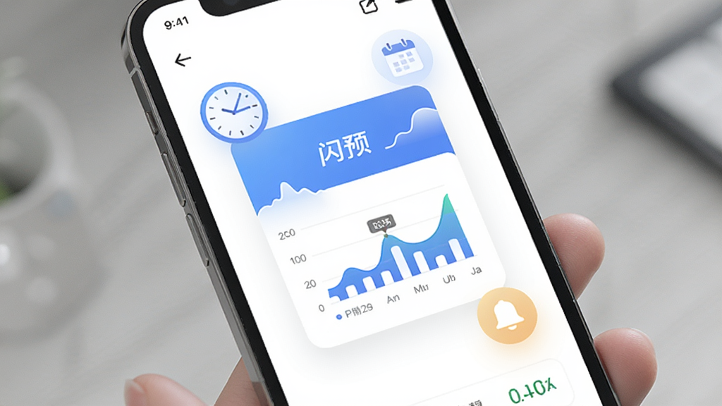 手机屏幕中显示“闪预”智能预测界面,画面主体为一张带有数据图表的预测卡片,卡片上有“闪预”字样,周围环绕着时钟、日历和提醒图标,背景为纯白色,风格简洁商务,画质干净清晰,无杂乱元素