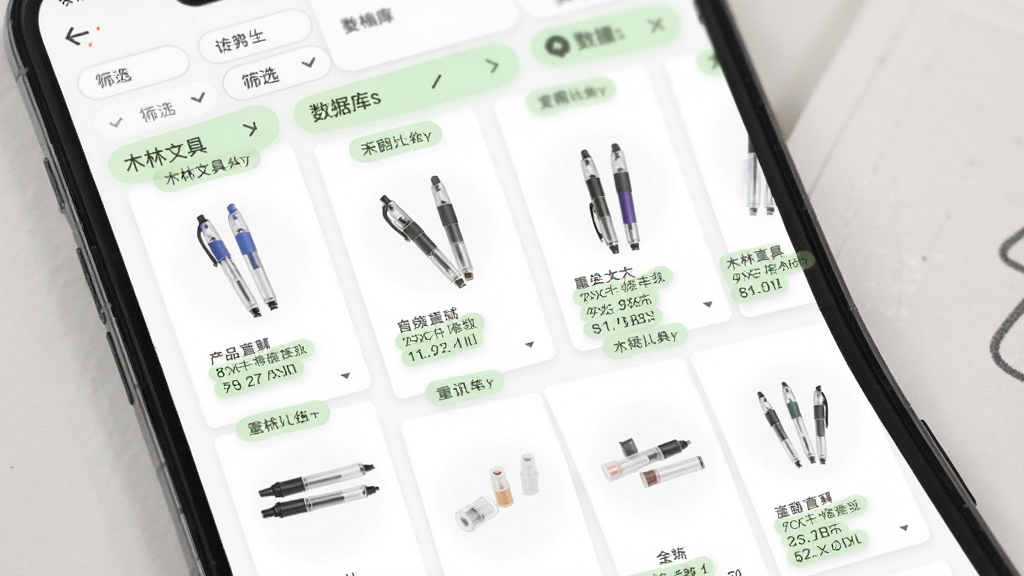 一木林文具数据库界面,手机屏幕展示产品列表和筛选栏,页面中排列着多款中性笔和笔芯的缩略图与参数标签,背景为白色卡片式布局,点缀浅绿色分类标签,风格简洁明快,细节清晰,画质干净