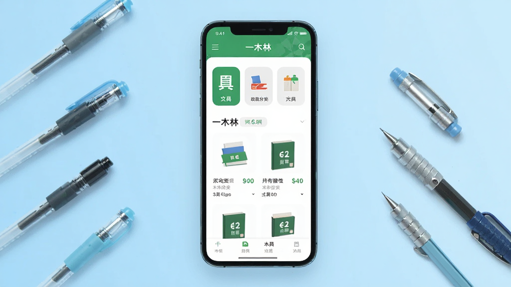 一木林应用主界面展示,画面中央放置一部智能手机,屏幕显示一木林APP首页,页面中有文具分类图标和产品列表,背景为浅蓝色渐变,周围散落几支中性笔和自动铅笔作为装饰,整体风格清新简约,排版干净整洁,画质清晰,无多余元素