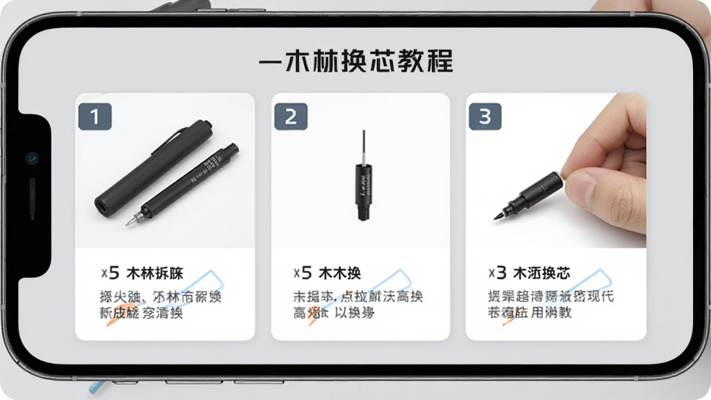一木林换芯教程页面,手机屏幕显示分步操作图示,画面中有拆开的笔杆、笔芯和手指演示动作,背景为浅灰色,排版采用步骤编号卡片,风格教学直观,细节清楚,画质干净无杂乱元素