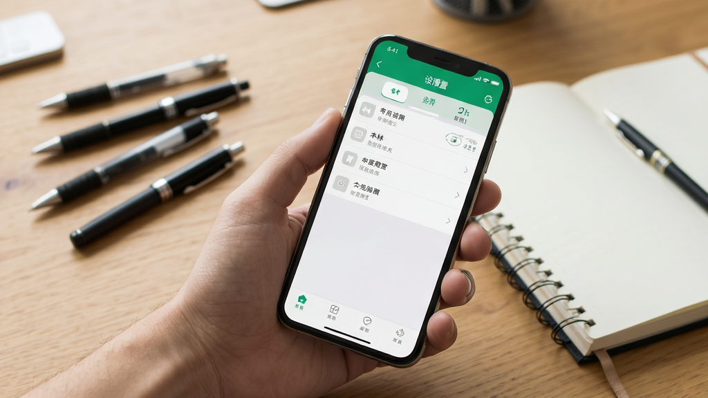 一木林手机端操作示意图,画面中一只手拿着手机,屏幕显示应用设置页面,背景为书桌场景,桌上有几支笔和笔记本,风格生活化,排版自然,细节清晰,画质干净