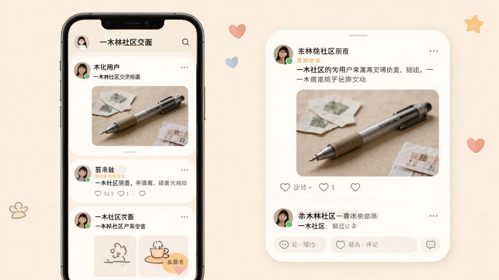 一木林社区交流界面,手机屏幕展示用户发帖列表和评论区,帖子配图有中性笔实物照片,界面采用柔和圆角卡片设计,背景为淡米色,风格温馨社交,排版整齐,画质清晰干净